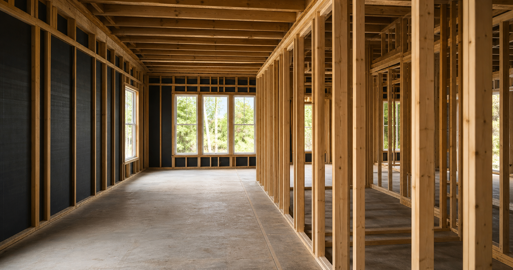 Clean wood framing inside a residential construction project